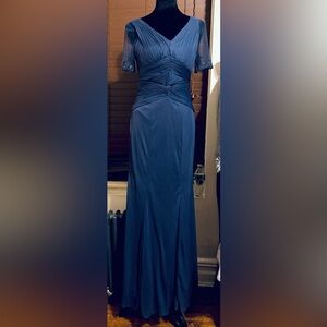 Adrianna Papell Gown Dress with Pleated Bodice and Embellished Sheer Sleeves